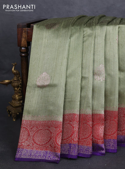 Banarasi raw silk saree pastel green and maroon violet with thread & zari woven buttas and long woven border