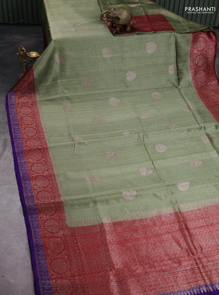 Banarasi raw silk saree pastel green and maroon violet with thread & zari woven buttas and long woven border