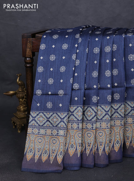 Munga tussar silk saree dark peacock blue with allover butta prints and ajrakh printed pallu