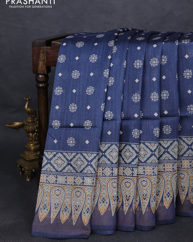 Munga tussar silk saree dark peacock blue with allover butta prints and ajrakh printed pallu
