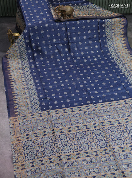 Munga tussar silk saree dark peacock blue with allover butta prints and ajrakh printed pallu