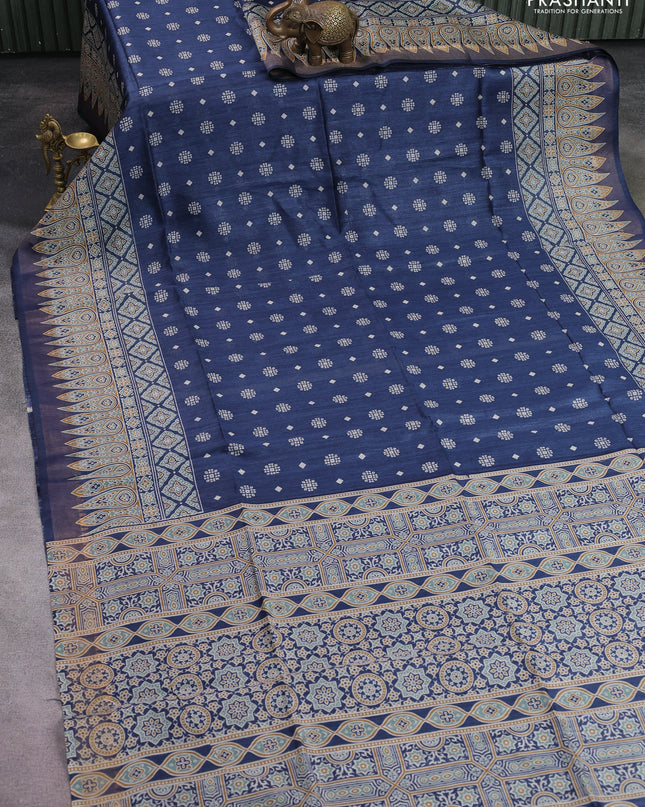 Munga tussar silk saree dark peacock blue with allover butta prints and ajrakh printed pallu