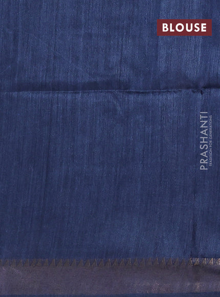 Munga tussar silk saree dark peacock blue with allover butta prints and ajrakh printed pallu