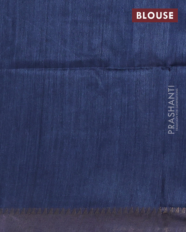 Munga tussar silk saree dark peacock blue with allover butta prints and ajrakh printed pallu