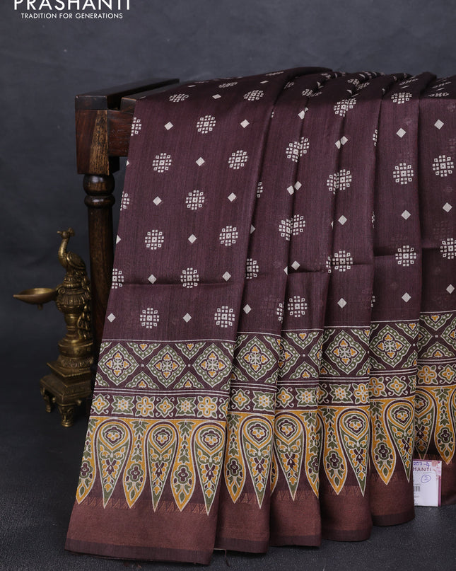 Munga tussar silk saree brown with allover butta prints and ajrakh printed pallu