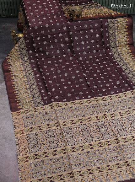 Munga tussar silk saree brown with allover butta prints and ajrakh printed pallu