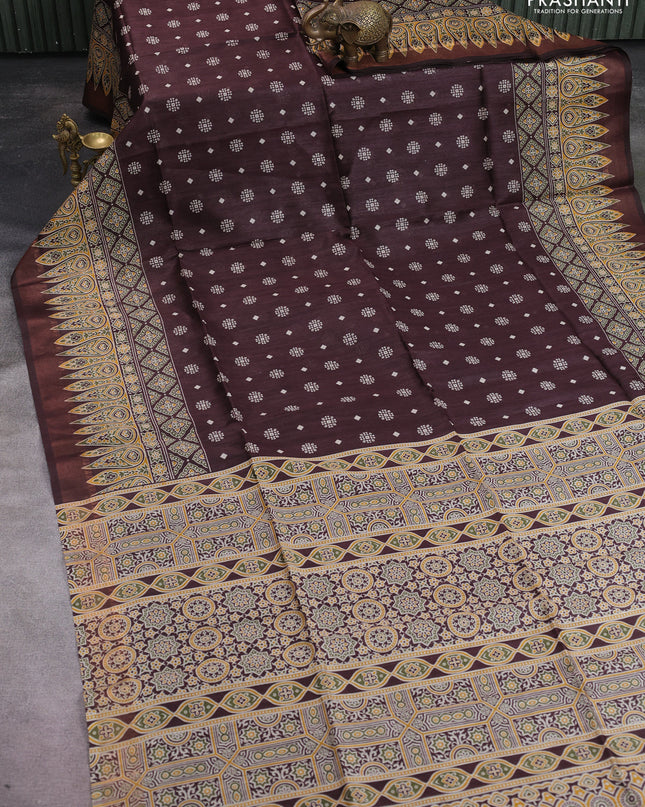 Munga tussar silk saree brown with allover butta prints and ajrakh printed pallu