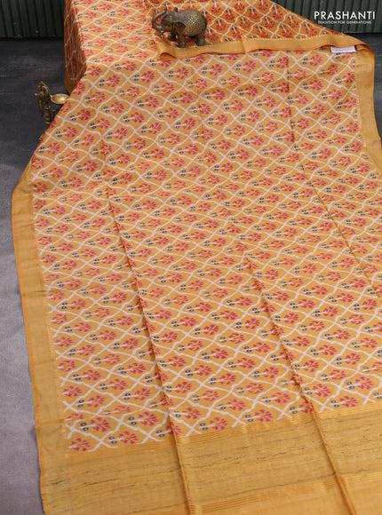 Munga tussar silk saree mustard yellow with allover patola prints and zari woven border