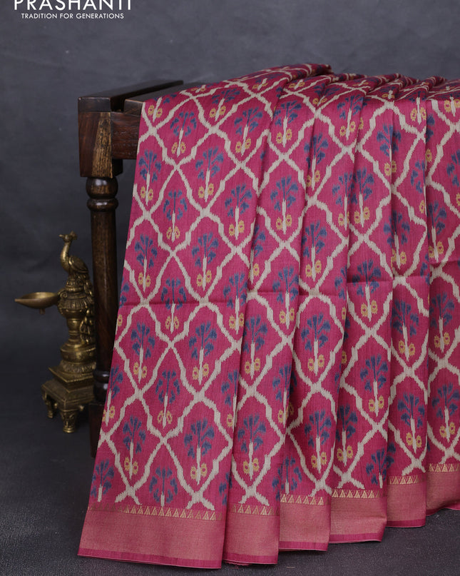 Munga tussar silk saree maroon with allover patola prints and zari woven border
