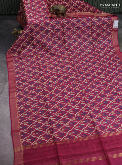 Munga tussar silk saree maroon with allover patola prints and zari woven border