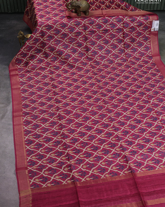 Munga tussar silk saree maroon with allover patola prints and zari woven border