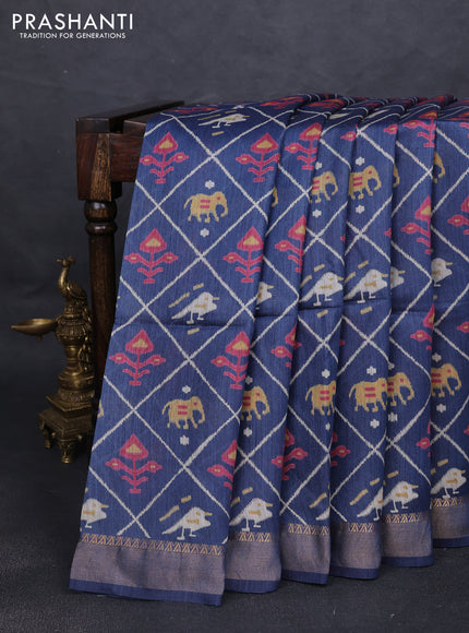 Munga tussar silk saree navy blue with allover patola prints and zari woven border