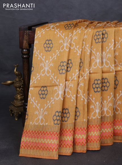 Munga tussar silk saree mustard yellow with allover patola prints and thread woven border
