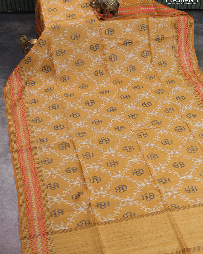 Munga tussar silk saree mustard yellow with allover patola prints and thread woven border