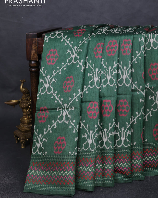 Munga tussar silk saree green with allover patola prints and thread woven border