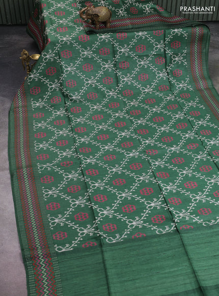 Munga tussar silk saree green with allover patola prints and thread woven border