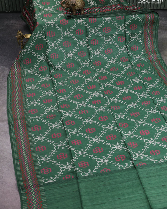 Munga tussar silk saree green with allover patola prints and thread woven border