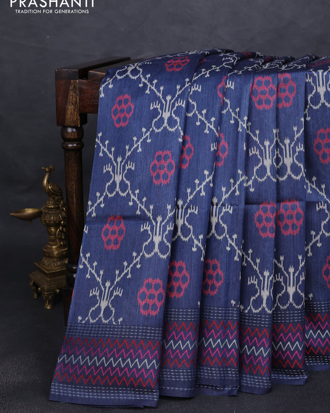 Munga tussar silk saree navy blue with allover patola prints and thread woven border