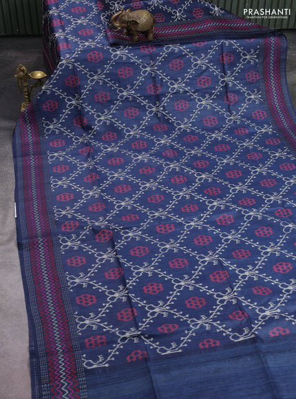 Munga tussar silk saree navy blue with allover patola prints and thread woven border