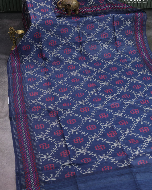 Munga tussar silk saree navy blue with allover patola prints and thread woven border
