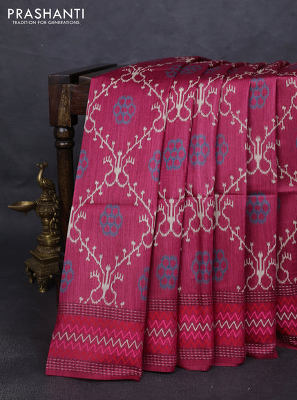 Munga tussar silk saree dark pink with allover patola prints and thread woven border