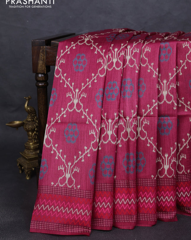 Munga tussar silk saree dark pink with allover patola prints and thread woven border