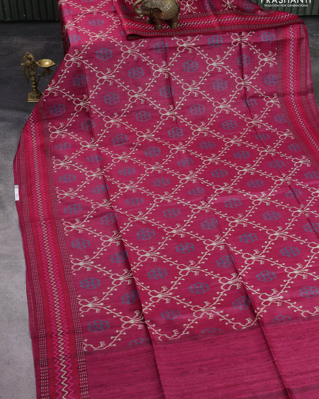 Munga tussar silk saree dark pink with allover patola prints and thread woven border