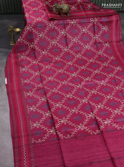 Munga tussar silk saree dark pink with allover patola prints and thread woven border