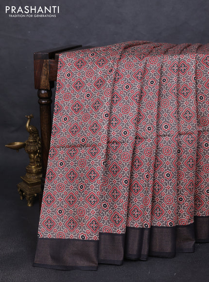 Munga tussar silk saree grey red and black with allover ajrakh prints and zari woven border