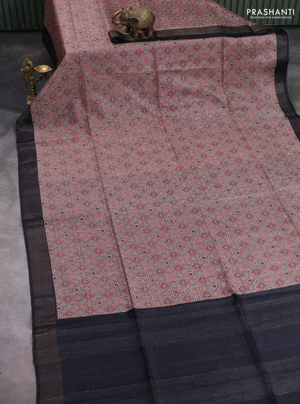 Munga tussar silk saree grey red and black with allover ajrakh prints and zari woven border