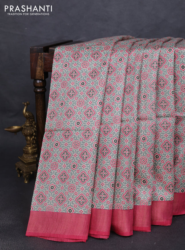 Munga tussar silk saree pastel green and pink with allover ajrakh prints and zari woven border