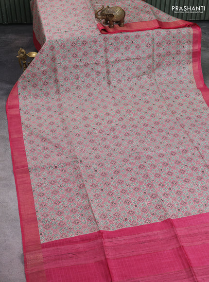 Munga tussar silk saree pastel green and pink with allover ajrakh prints and zari woven border