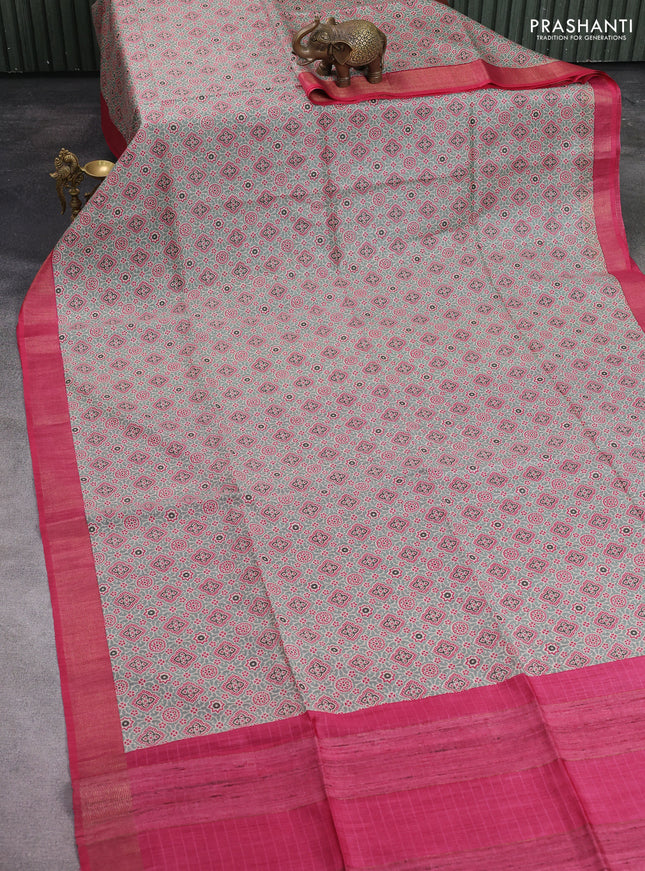 Munga tussar silk saree pastel green and pink with allover ajrakh prints and zari woven border