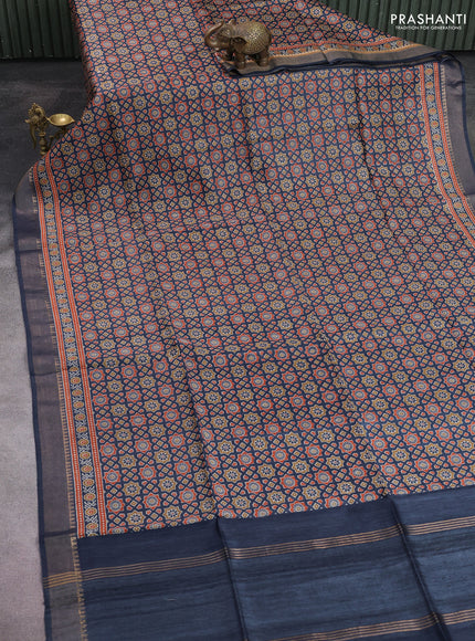 Munga tussar silk saree navy blue with allover ajrakh prints and zari woven border