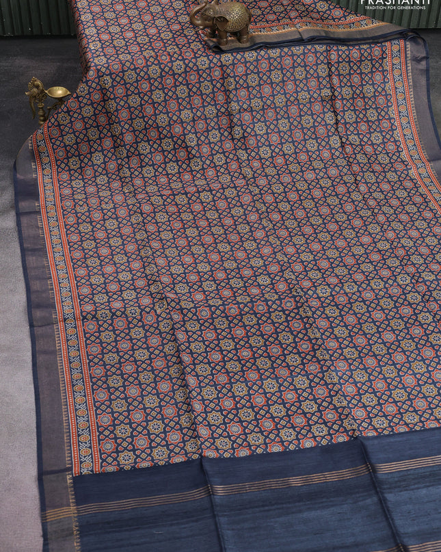 Munga tussar silk saree navy blue with allover ajrakh prints and zari woven border