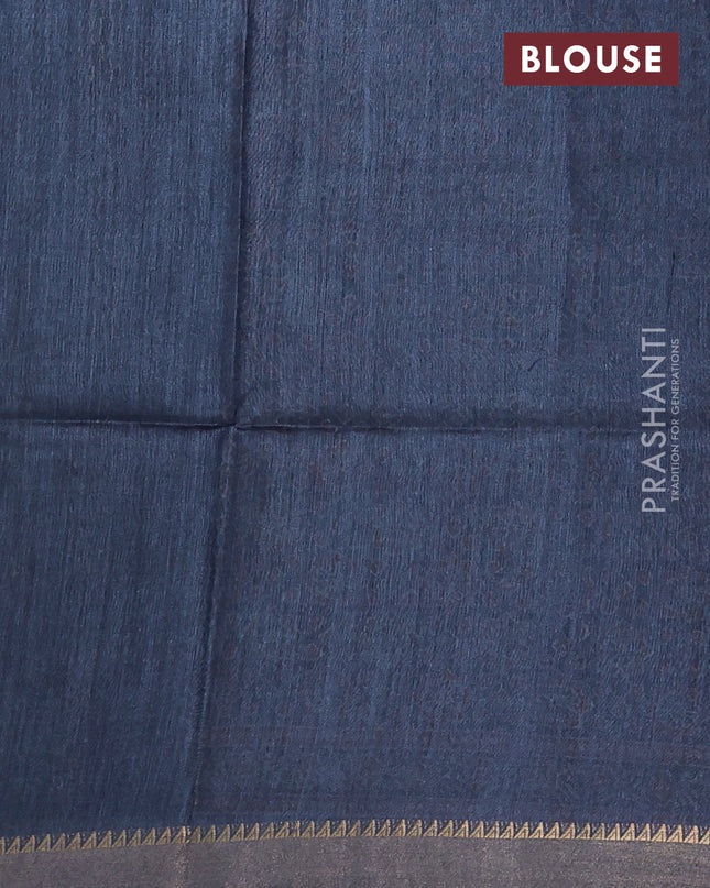 Munga tussar silk saree navy blue with allover ajrakh prints and zari woven border