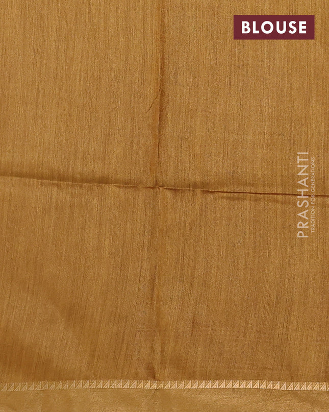 Munga tussar silk saree dark mustard with allover ajrakh prints and zari woven border