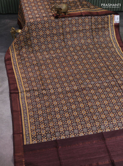 Munga tussar silk saree coffee brown with allover ajrakh prints and zari woven border