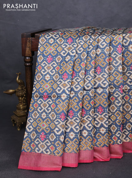 Munga tussar silk saree blue shade and pink with allover ikat prints and zari woven border