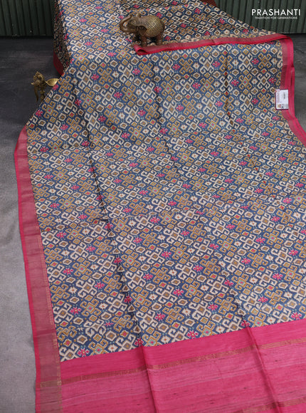 Munga tussar silk saree blue shade and pink with allover ikat prints and zari woven border
