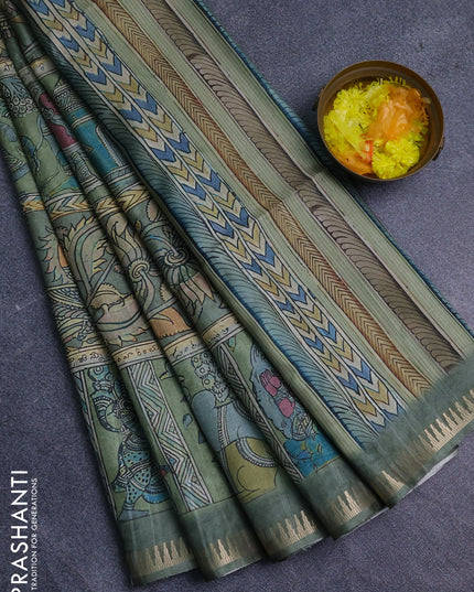 Semi matka saree pastel green with allover kalamkari prints and temple design zari woven border
