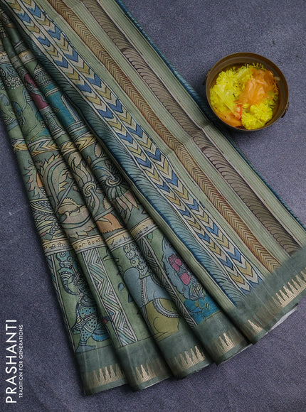 Semi matka saree pastel green with allover kalamkari prints and temple design zari woven border