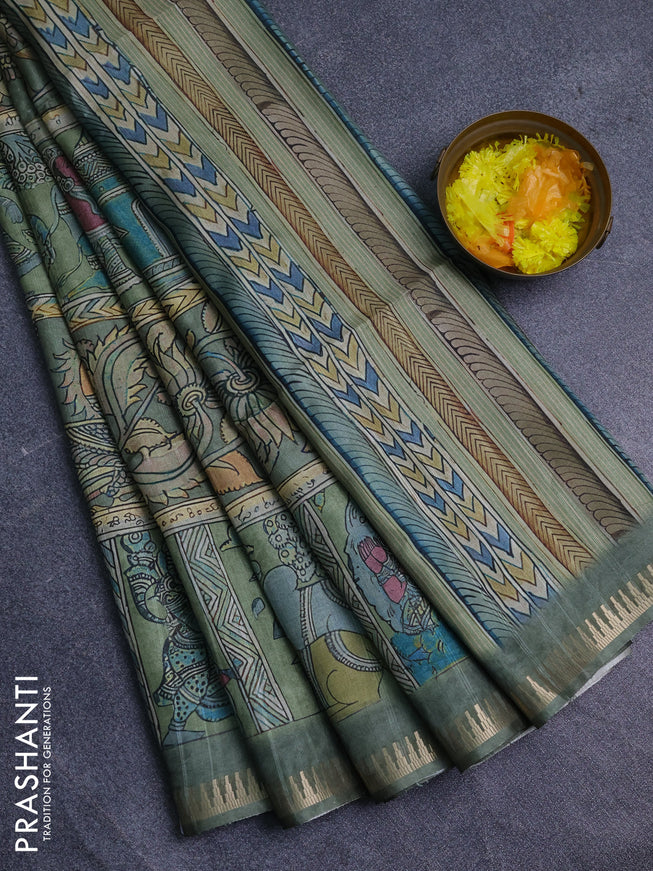 Semi matka saree pastel green with allover kalamkari prints and temple design zari woven border
