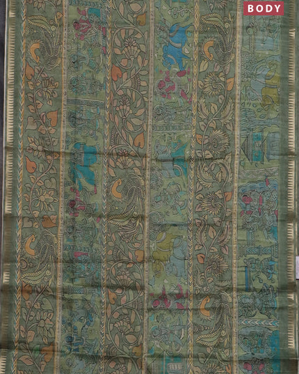 Semi matka saree pastel green with allover kalamkari prints and temple design zari woven border