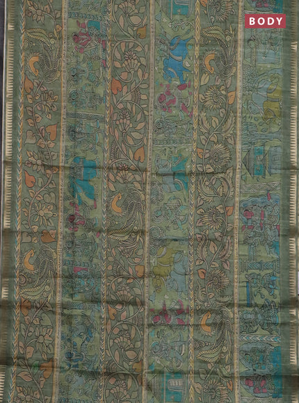 Semi matka saree pastel green with allover kalamkari prints and temple design zari woven border