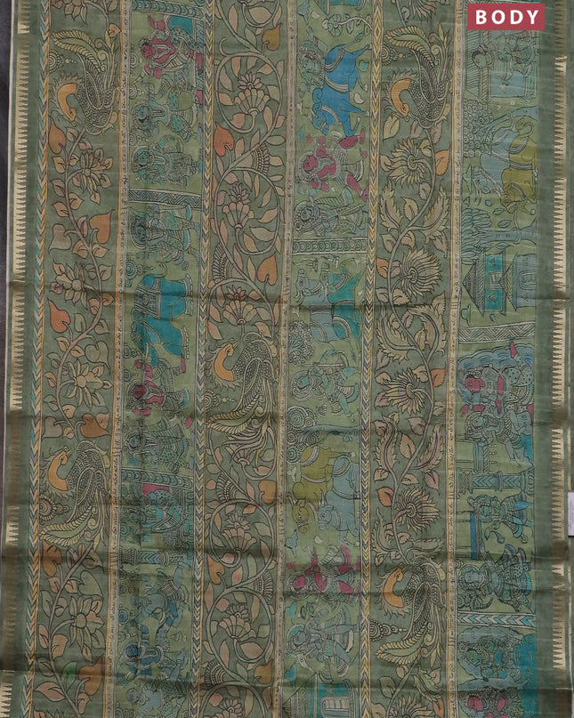 Semi matka saree pastel green with allover kalamkari prints and temple design zari woven border