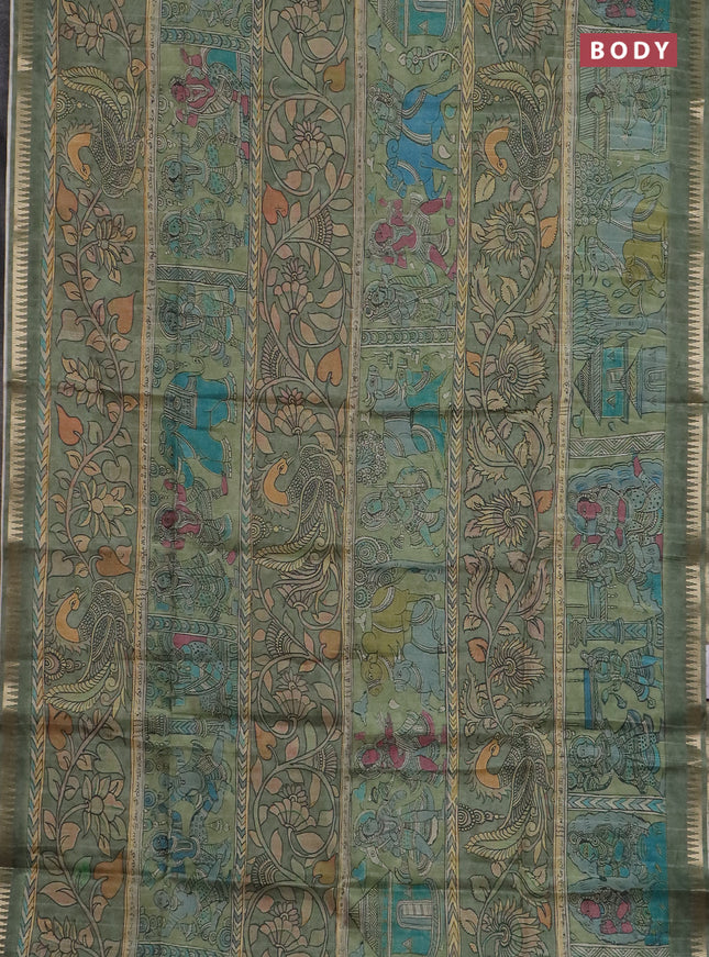 Semi matka saree pastel green with allover kalamkari prints and temple design zari woven border