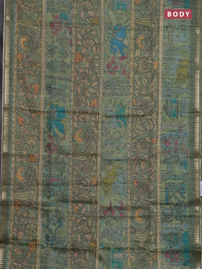 Semi matka saree pastel green with allover kalamkari prints and temple design zari woven border