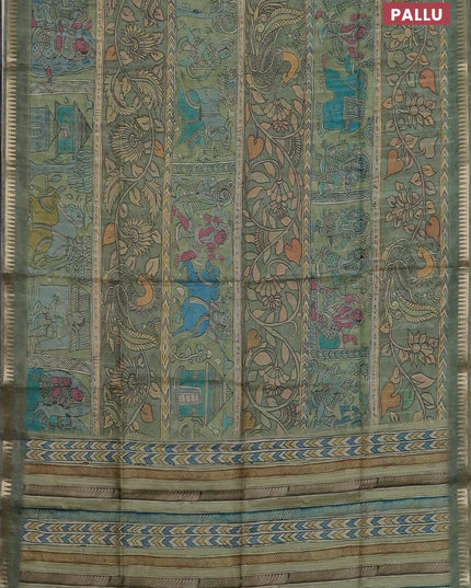 Semi matka saree pastel green with allover kalamkari prints and temple design zari woven border