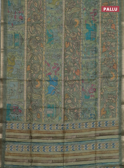 Semi matka saree pastel green with allover kalamkari prints and temple design zari woven border